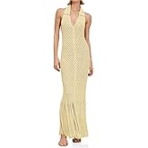 Saodimallsu Womens Halter Crochet Cover Up Fringe Sexy Backless Sleeveless V Neck Collared Vacation Beach Maxi Dress
