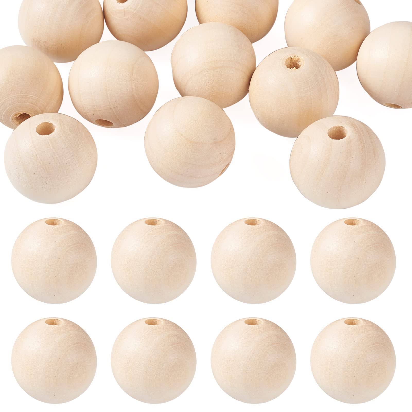 PandaHall 15pcs 30mm Natural Round Wood Beads Large Hole Unfinished Wooden Ball Spacer Loose Beads with 6~7mm Hole for Crafts DIY Handmade Decorations Jewelry Making, Floral White