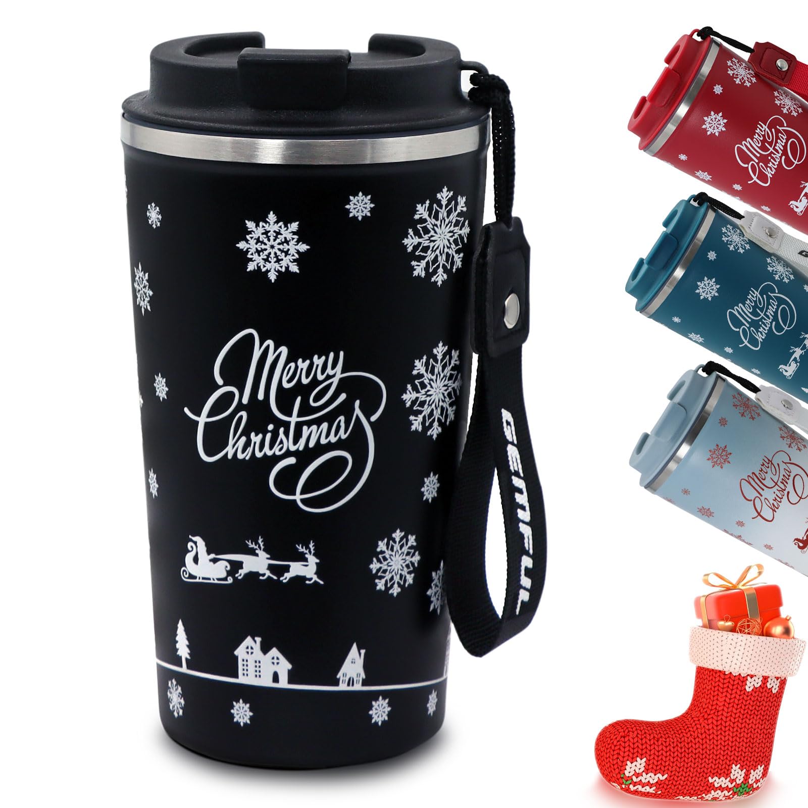 GEMFUL 510ml Insulated Coffee Cup. Leak-Proof, Double-Wall Design for Cozy Sips On-the-Go. Ideal Seasonal Present（Black）