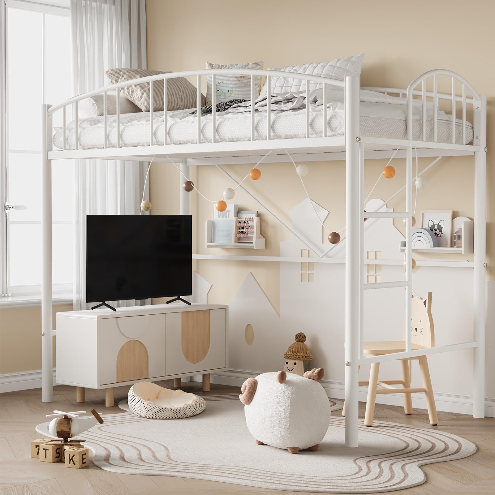 Photo 1 of ***MISSING PARTS*** GarveeHome Loft Bed Twin Size, Heavy Duty Metal Loft Bed Frame with Arched Guardrail and Safety Ladder, Space-Saving, No Box Spring Needed, Modern White