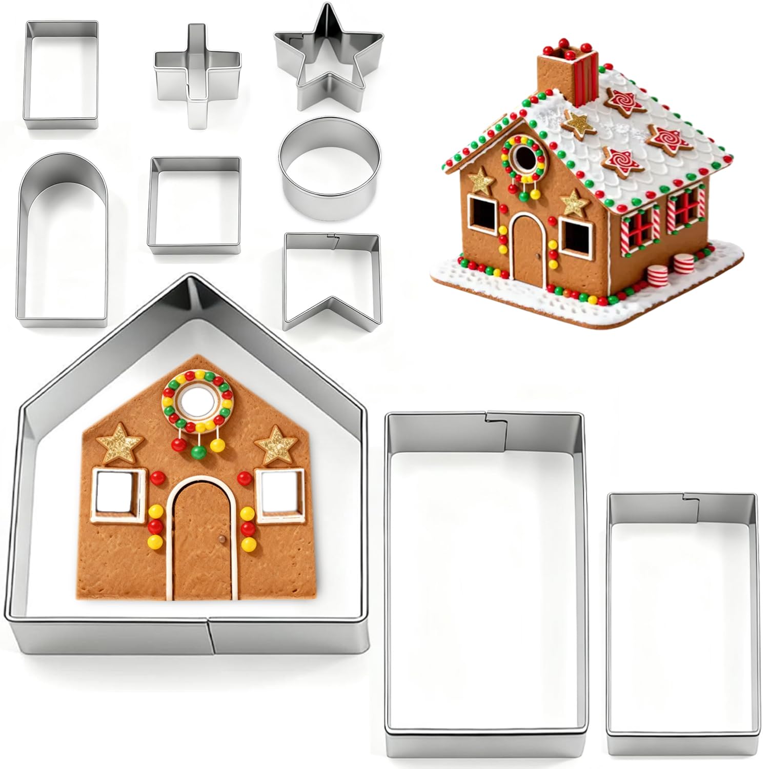 Photo 1 of 10Pcs Gingerbread House Cookie Cutters Set for Christmas Winter Holiday Baking and Decoration, Stainless Steel 3D Gingerbread House Kit for Kids Adults, Gift Package