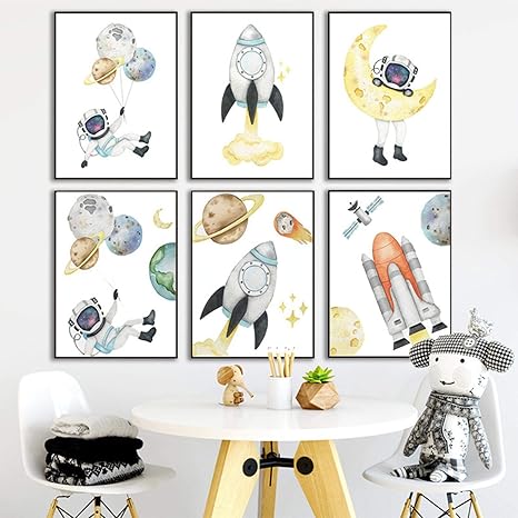 Amazon 漫画宇宙飛行士惑星子ポスターロケットムーン幼稚園画像キャンバス壁アート絵画寝室の家の装飾 70x90cm X6フレームなし ウォールステッカー オンライン通販