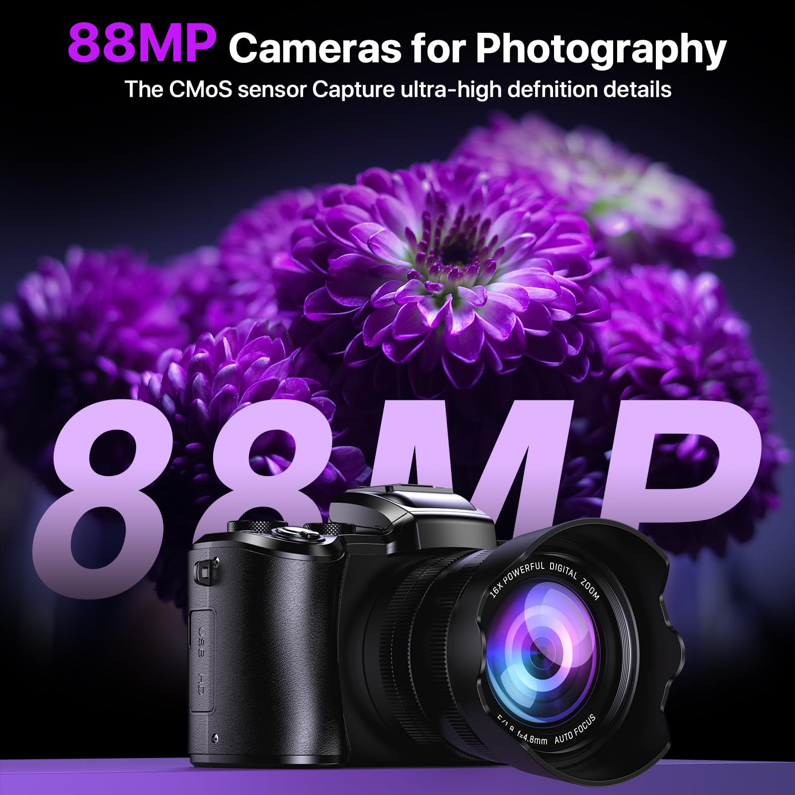 8K Digital Cameras for Photography with WiFi,Autofocus 88MP Vlogging Camera for YouTube with Dual-Lens,16X Digital Zoom Point and Shoot Camera,3.2''Touch Screen, Anti-Shake,2 Batteries &Charging Stand