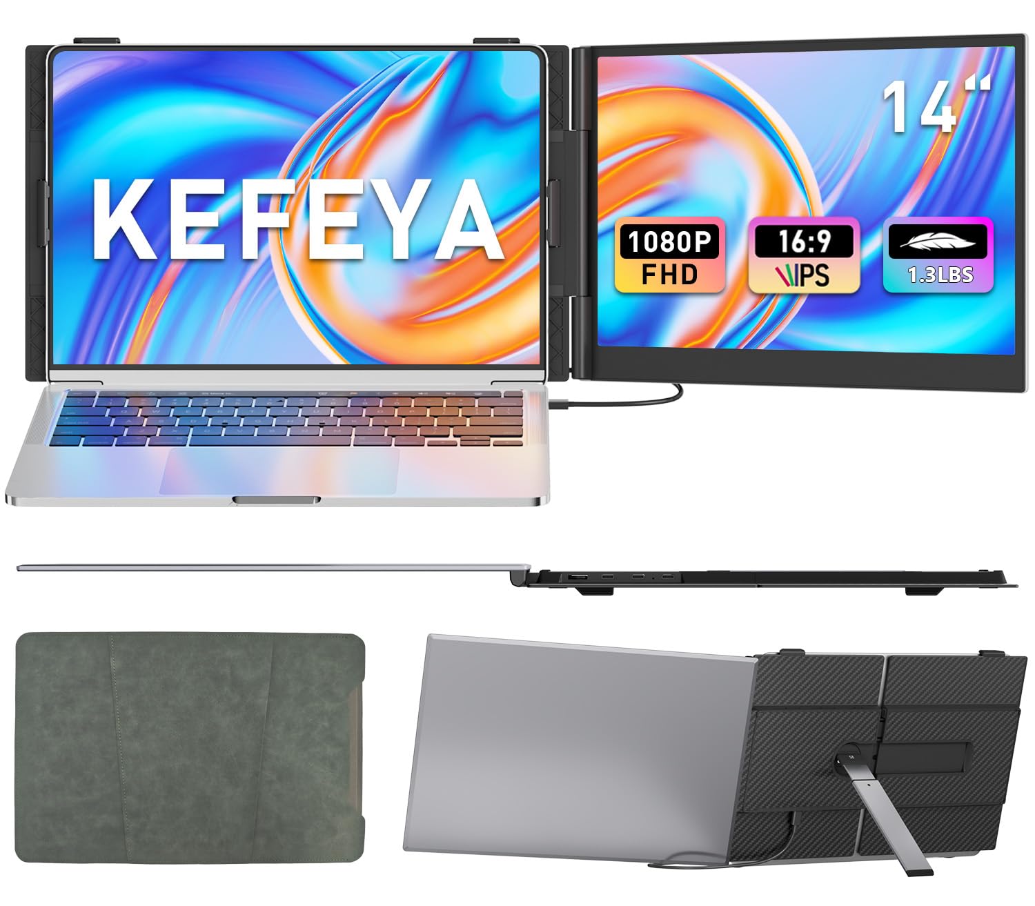KEFEYA Laptop Screen Extender, 14" FHD 1080P Portable Monitor for Laptops, 0.19" Ultra-Thin Laptop Monitor Extender for 13-17" with USB-C/HDMI Port, Plug n Play for Windows/Mac/Android/Switch/PS5 Image