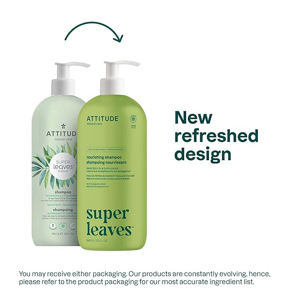 ATTITUDE NOURISHING HAIR SHAMPOO, EWG VERIFIED, FOR DRY AND DAMAGED HAIR, NATURALLY DERIVED INGREDIENTS, VEGAN AND PLANT BASED, GRAPESEED OIL AND OLIVE LEAVES, 32 FL OZ