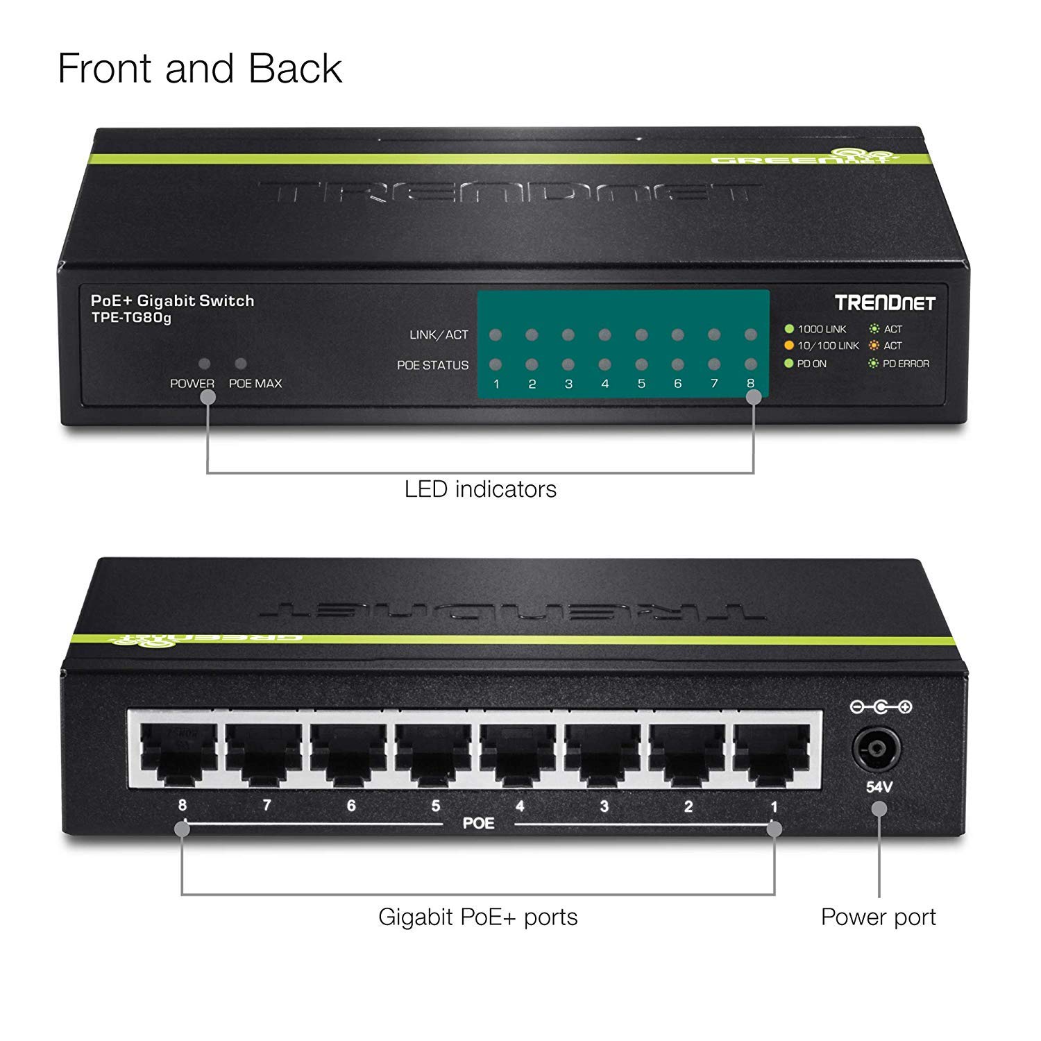TRENDnet 8-Port Gigabit PoE+ Switch, TPE-TG80G, 8 x Gigabit PoE+ Ports, 123W PoE Power Budget, 16 Gbps, Ethernet Splitter, NDAA & TAA Compliant, Metal, Lifetime Protection, Black