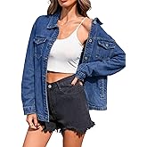 LifeShe Womens Denim Jackets Long Sleeve Button Down Jean Shacket Casual Loose Fit Vintage Denim Shirts with Pockets
