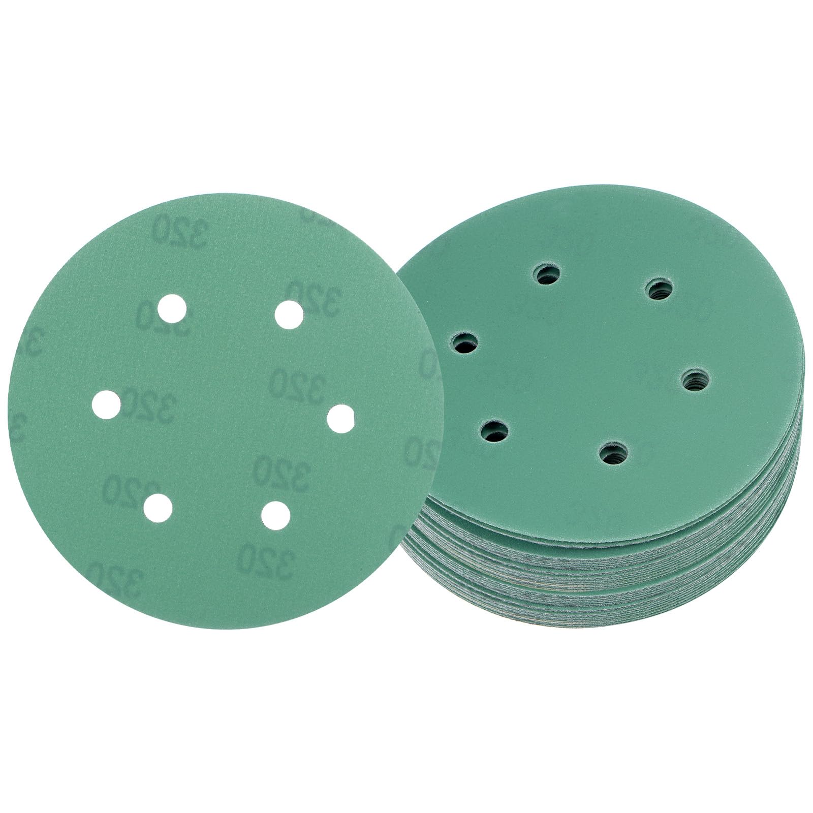 Kozelo 50pcs Green Film Sanding Discs - [6 Inch 320 Grits 6 Hole ] Round Aluminum Oxide Hook & Loop Wet Dry Sander Pads for Wood Metal Polishing Use| Zirconium Corundum Sandpaper