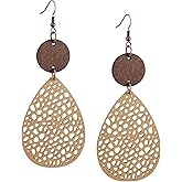MINACHI Bohemian Hollow Cut-Out Wood Leather Dangle Drop Earrings, Boho Chic Hippie Statement Jewelry Gift for Women
