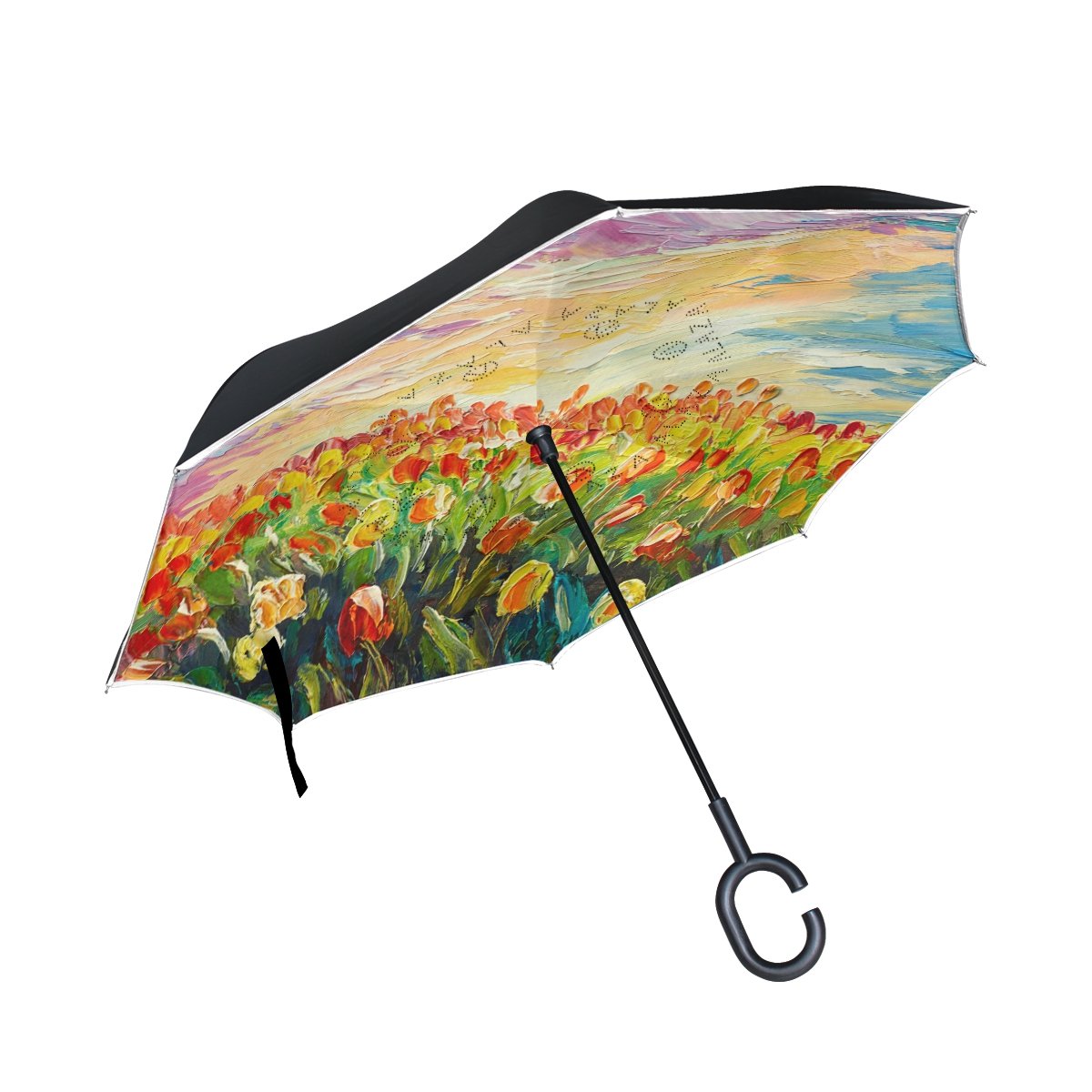 C Windproof B076x1xl4h Rain Cars Umbrella Handle With Shaped Tulips Car Double Outdoor For Umbrella Layer Reverse Sunrise Alaza Inverted ゴルフ傘 激安特価