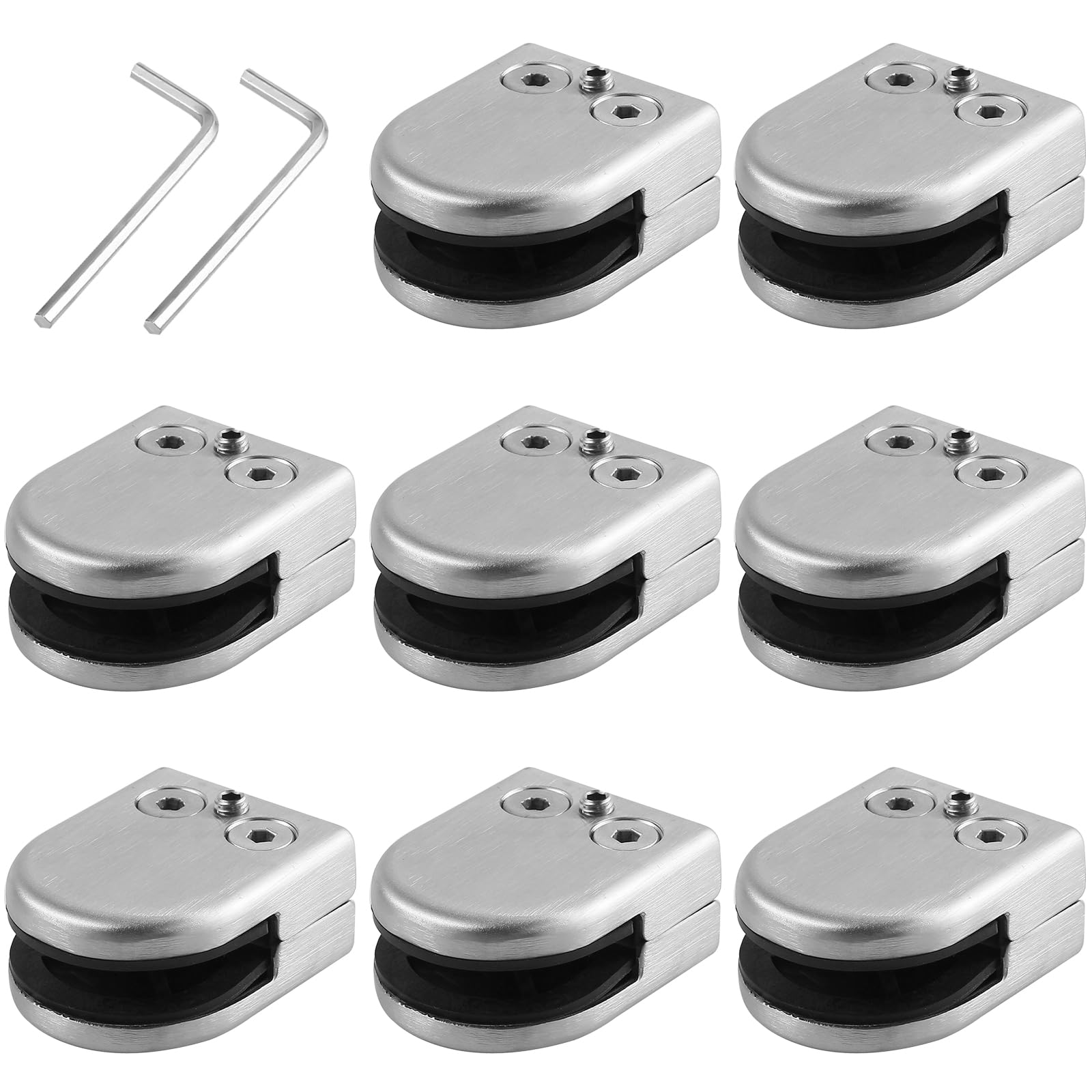 Neoteck Glass Clamps 8 PCS 8–10mm Adjustable 304 Stainless Steel Glass Bracket Glass Clips Flat Back with Micro Adjust Screws Hex Wrench for Balustrade Staircase Handrail Silver Semicircle