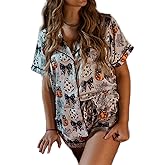 iTranyee Women 2 Piece Halloween Pajama Set Cute Print Satin Short Sleeve Button Up Shirt Elastic Waist Shorts Set Sleepwear