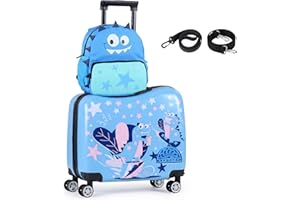 Goplus 2 PCS Kids Luggage, 18” Ride on Suitcase & 12” Backpack Set W/Anti-Lost Rope, Carry Strap, Wheels, Footrest, Toddler S