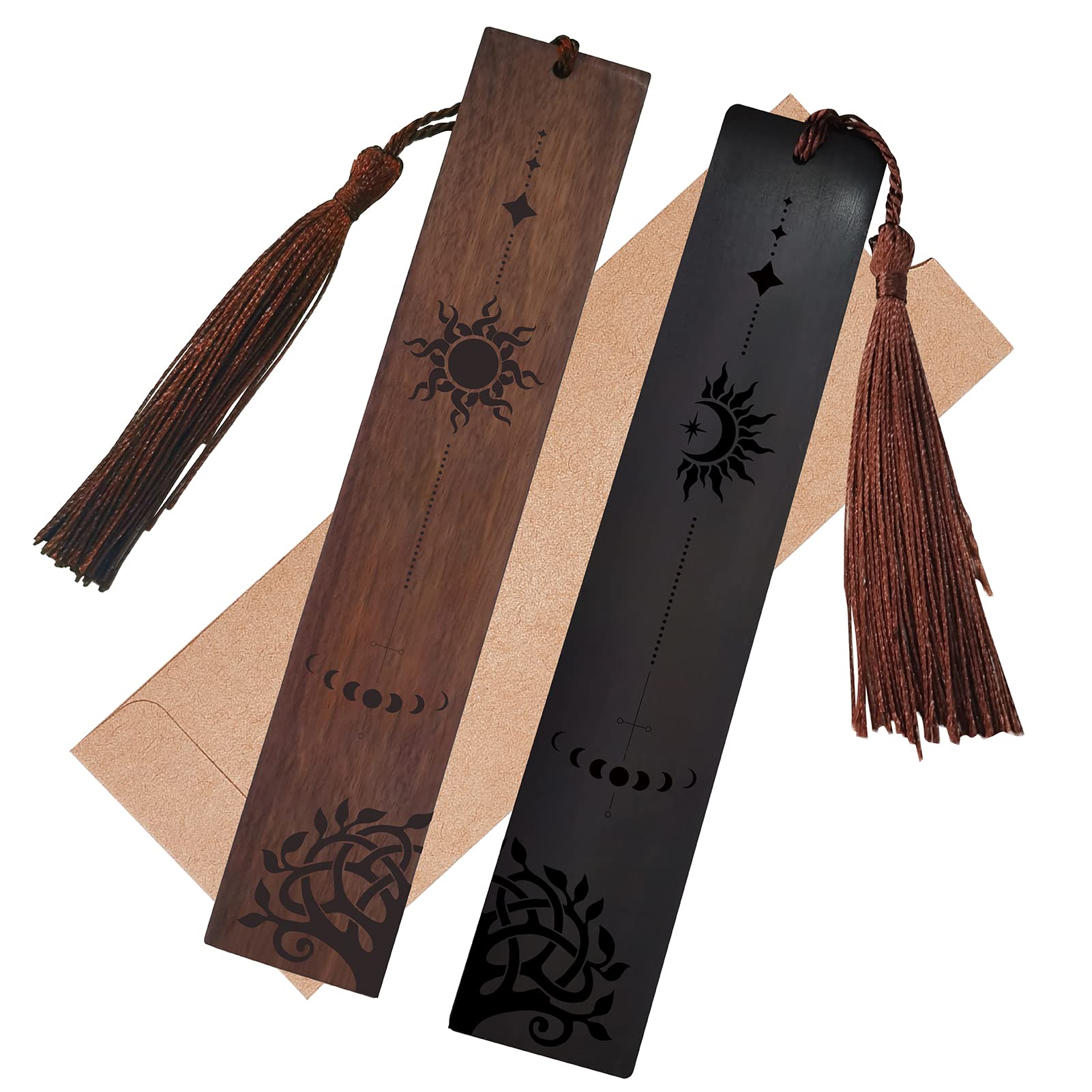 CRASPIRE 2 Colors Sun & Moon Wood Bookmark Wooden Carving Engraved Book Mark Gifts Tree of Life Bookmarks with Tassel Pendant for Book Lovers Teacher Students