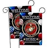 Welcome Home Marine Corp Garden Flag - 2pcs Pack Armed Forces Corps USMC Semper Fi United State American Military Veteran Retire Official - House Banner Small Yard Gift Double-Sided 13 X 18.5