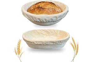 2-Pack Banneton Proofing Basket, 9 Inch Round & Oval Bread Basket with 2 Linen Liners for Artisan Loaf Baking - For Home Bake