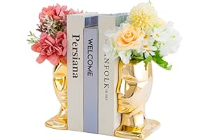 BOIHEGU Shiny Gold Decorative Bookends, 7 inch Multi Face Decorative Flower Vase(Set of 2) Unique Shiny Gold Accent Decorative Bookends Gifts for Shelves