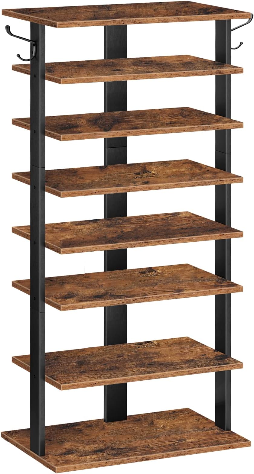 HOOBRO Tall Narrow Wooden Shoe Rack 8-Tier with 2 Hooks Rustic Brown