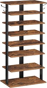 HOOBRO Tall Narrow Wooden Shoe Rack 8-Tier with 2 Hooks Rustic Brown
