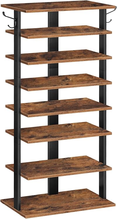 HOOBRO Tall Narrow Wooden Shoe Rack 8-Tier with 2 Hooks Rustic Brown