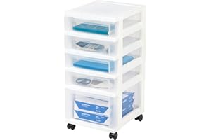 IRIS USA Craft Plastic Organizers and Storage, Rolling Storage Cart for Classroom Supplies, Storage Organizer for Art Supplies, Drawer Top Organizer for Small Parts, 5 Drawers, White/Clear
