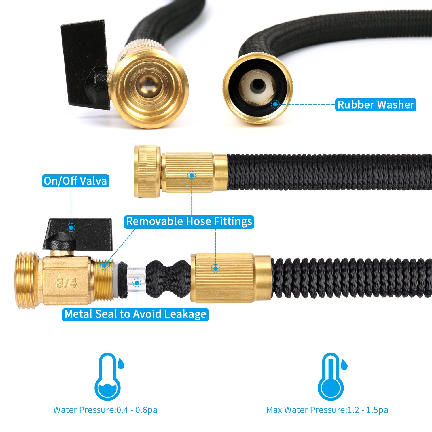 Garden Hose, Fivanus 50ft Portable Flexible Expandable Water Hose with 8 Pattern Spray Nozzle with Double Latex Core, Solid Brass Connector and Extra Strength Fabric for Car Garden Hose Nozzle, Free Storage Bag