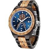 Men's Wooden Band Quartz Watch with Mineral Glass,Multifuctional Quartz Chronograph&Date Display Watch for Men Handmade Wood Wrist Watch Luminous Stylish Casual Lightweight Wood & Stainless Steel Male