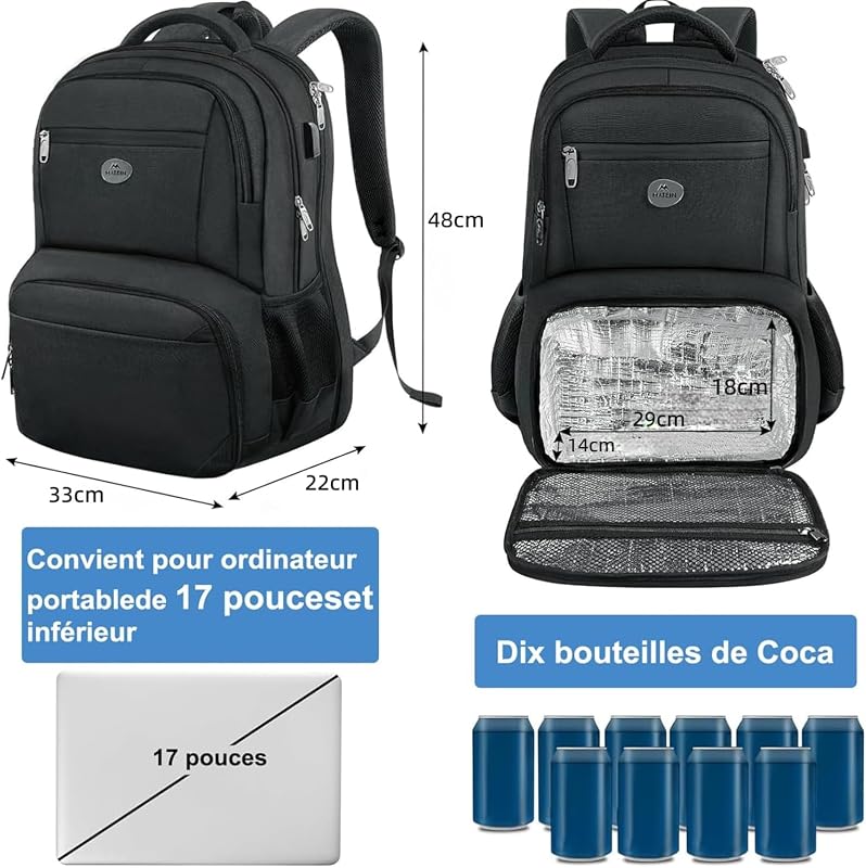 Sac a Dos Ordinateur avec Isotherme Repas, Sac à Dos Portable 17"