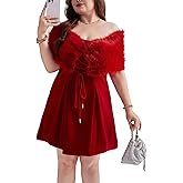 ROSCHICO Plus Size Velvet Dress for Women Off The Shoulder Mini Dresses with Faux Fur Shawl Cocktail Party Wedding Dress