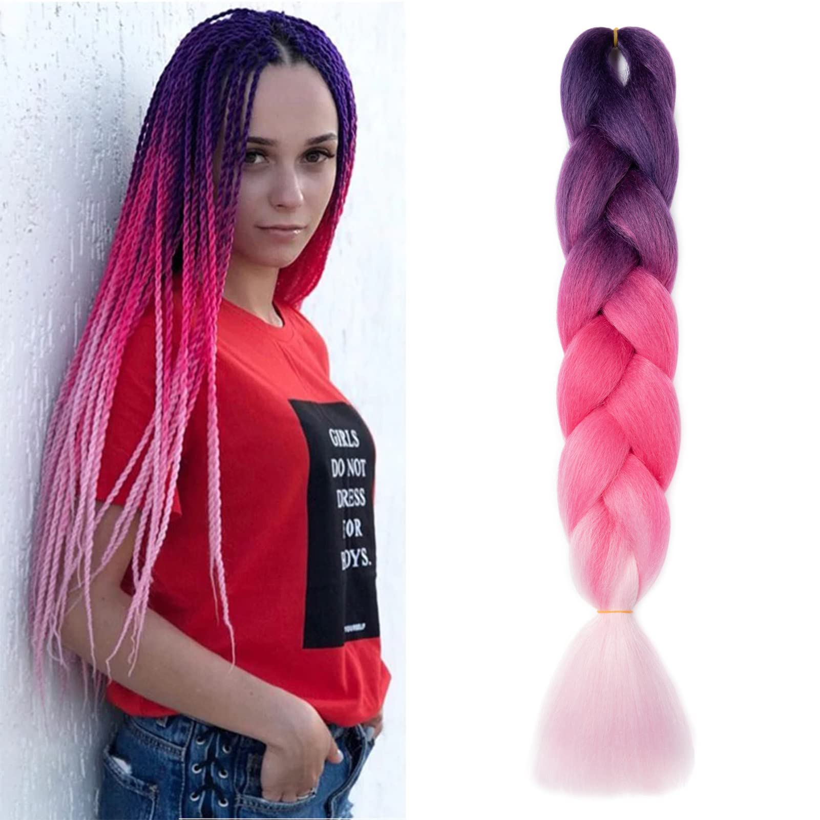 Gairyan Braiding Hair Extensions for Braiding 1 Bundle 100g 24" Ombre Jumbo Braiding Hair Colorful Synthetic Hair for Braid Soft Box Braids Crochet Twists (Purple-Rose Red-Pink) โ image 1