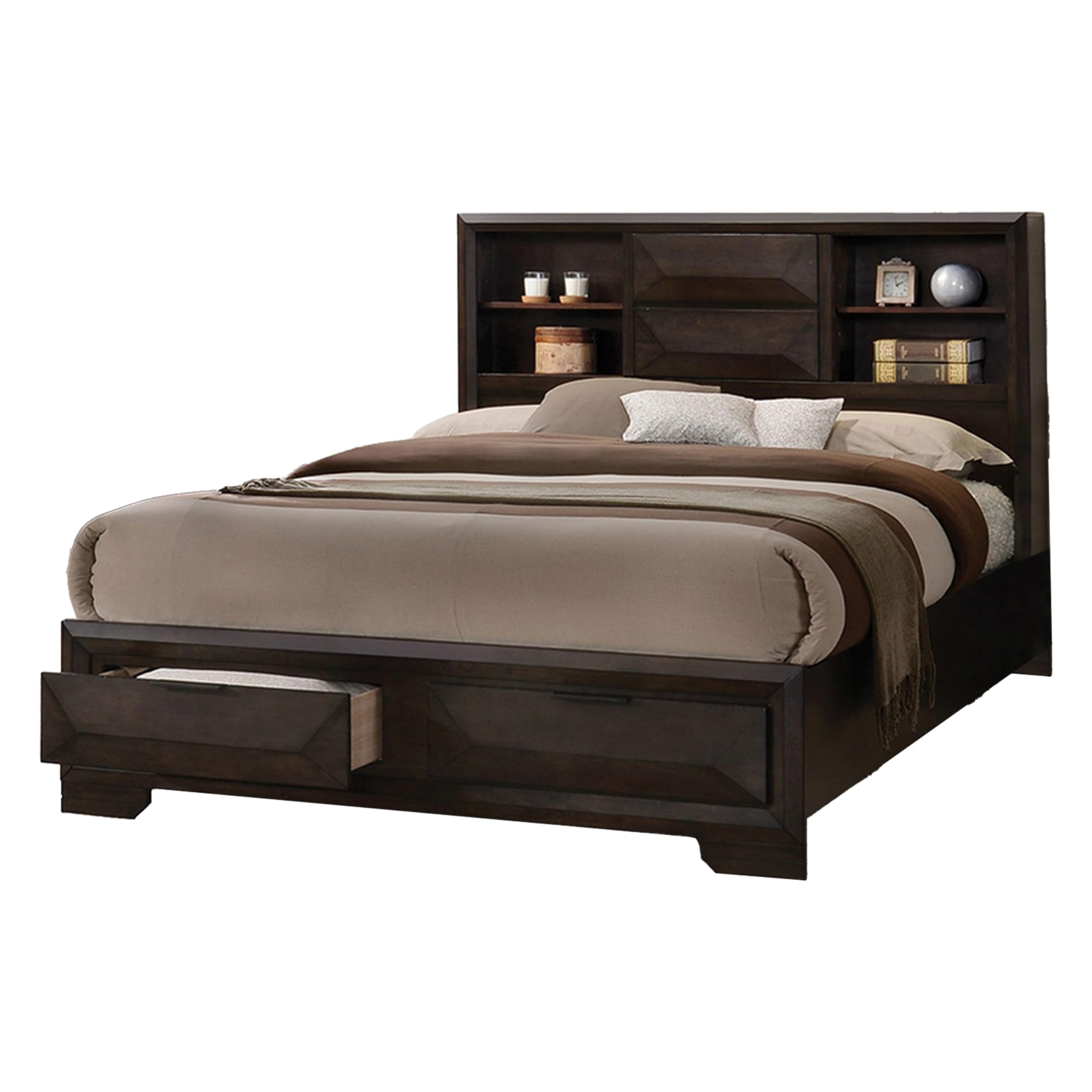 Photo 1 of Benjara Costa King Size Bed, Bookcase Headboard, 2 Drawers, Dark Solid Wood, Espresso Brown and Black