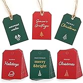 Sawnfay Christmas Gift Tags - 48 Pcs Holiday Labels with Jute Twine for Festive Present Decorating, 6 Designs Christmas Tags for Gifts, Name Tag Stickers for Presents