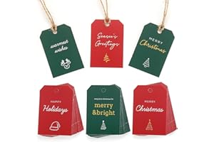Sawnfay Christmas Gift Tags - 48 Pcs Holiday Labels with Jute Twine for Festive Present Decorating, 6 Designs Christmas Tags for Gifts, Name Tag Stickers for Presents