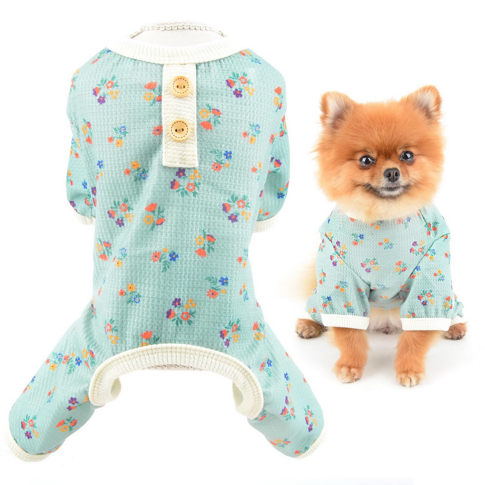 SMALLLEE_LUCKY_STORE Small Dog Clothes Cute Floral Waffle Knit Puppy Pajamas Pjs Cat Pyjamas Stretchy Jumpsuit Warm Sleepwear Outfits for Yorkie Chihuahua,Green,S