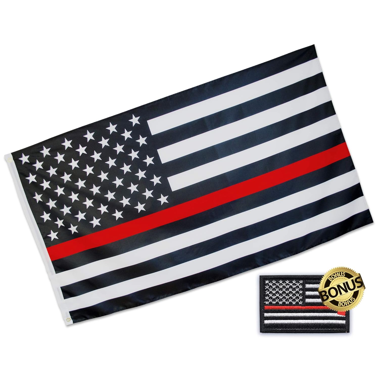 Eugenys Thin Red Line American Flag 3 x 5 Ft. - Free Firefighter Flag Patch Included - Quality Polyester, Vivid Colors, Durable Brass Grommets - Black White Red American US Honoring Firefighter Flag