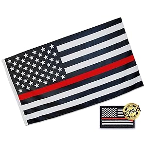 Eugenys Thin Red Line American Flag 3 x 5 Ft. - Free Firefighter Flag Patch Included - Quality Polyester, Vivid Colors, Durable Brass Grommets - Black White Red American US Honoring Firefighter Flag