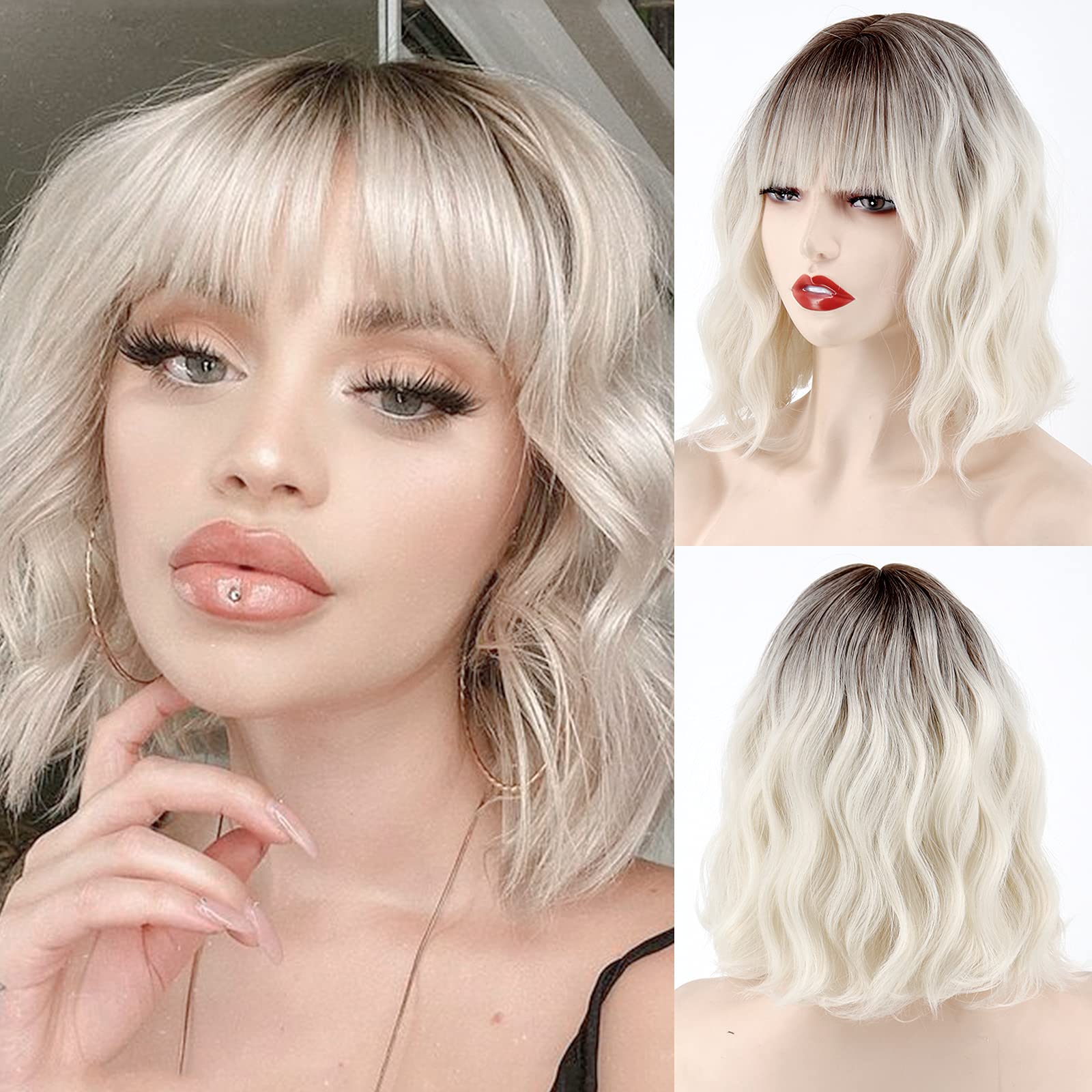 Photo 1 of MISSQUEEN Short Platinum Blonde Wavy Wig with Bangs,Dark Roots Short White Blonde Wig for Women,Middle Part Cosplay blonde Wigs Natural Looking for Daily Use