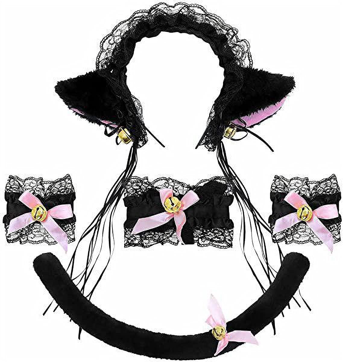 Cosplay Cat Ears & Tail Set, Faux Fur Animal Cat Fox Wolf Long Tail Ears Kit Halloween Costume Valentine’s Day Fancy Dress Up Accessories Sexy Cute Hair Clips Party Props for Women