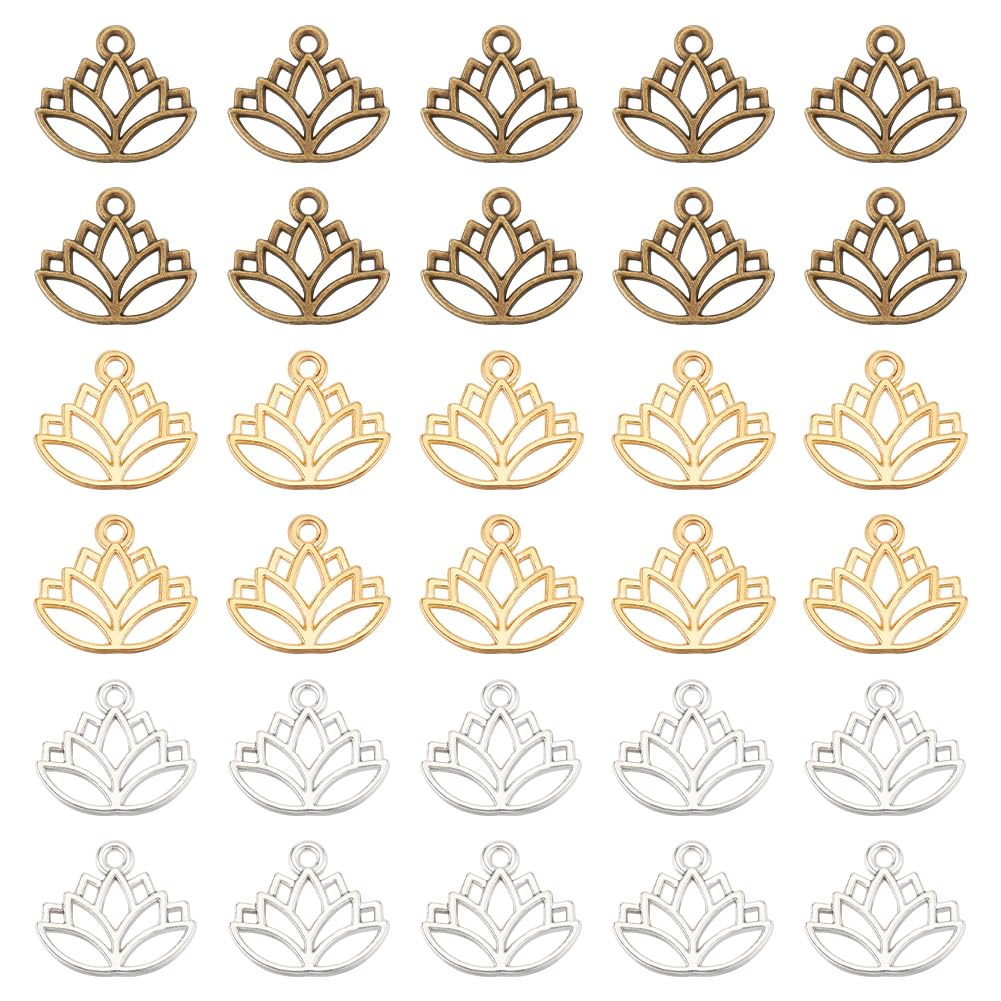 UNICRAFTALE about 120 pcs 3 Colors Lotus Charms Hollow Lotus Flower Charms Alloy Yoga Charms Lotus Pendants Metal Charms Mini Charms Pendant for DIY Necklace Bracelet Earring Jewelry Making Crafting