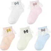 Meeshine 5 Pack Baby Girls Ruffle Lace Socks Toddler Frilly Cotton Cute Bow Knot Ankle Socks for Infant 0-3T