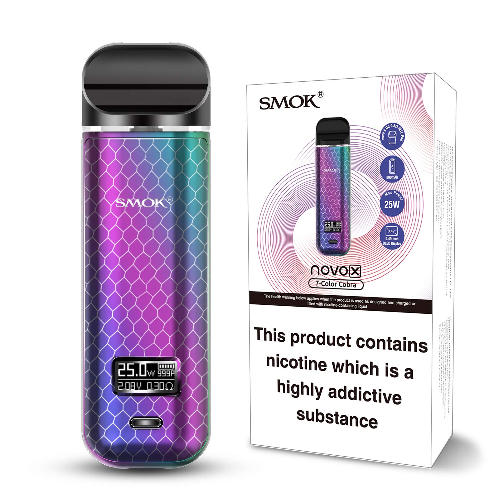 SMOK Novo X Kit: Compact Pod System with 800mAh Battery, Adjustable Wattage, and Refillable 2ml Pod Capacity (Rainbow Cobra) SMOK Vape POD E Cigarette Kit No Nicotine