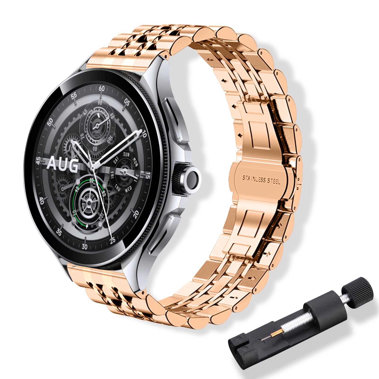 RoYiio Metal Strap for Xiaomi Watch 2/2 Pro/S4/S3/S2 Straps Forerunner 570 47mm/Forerunner 265 Strap Stainless Steel 22mm Replacement Band for Garmin Venu 4 45mm/Venu 3/Venu 2 - Rose Gold