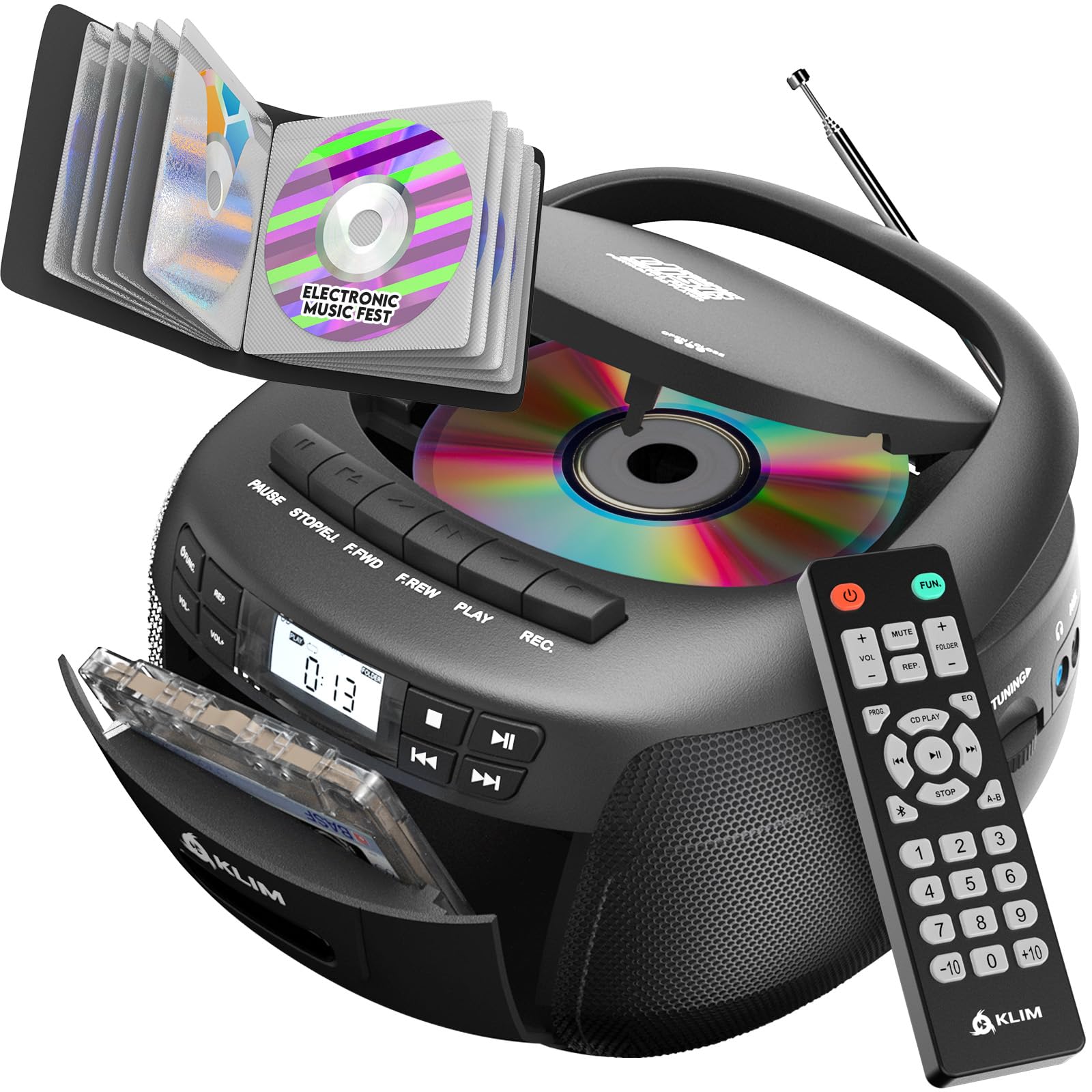 Photo 1 of KLIM CD Player & Cassette Tape Player with Case, Bluetooth Boombox, AM/FM Radio, Stereo Sound, Remote, CD and Cassette Combo, Tape Recording, USB Drive, AUX, AC/DC Powered