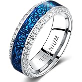 TUNGSTORY Mens Wedding Bands 8mm Celtic Dragon Titanium Ring Blue/Purple Wedding Rings with Carbon Fiber and Simulated Diamond Inlay Comfort Fit Jewelry Gift Size 7-12