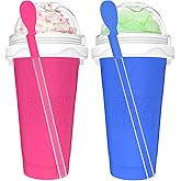 2PCS Slushie Maker Cup - DIY Magic Slushy Maker Squeeze Cup, Smoothie Squeeze Cup for Juices, Milk and Ice Cream Make, Double Layers Silicone Slushie Cup with Straw for Friends Gift Pink+Blue