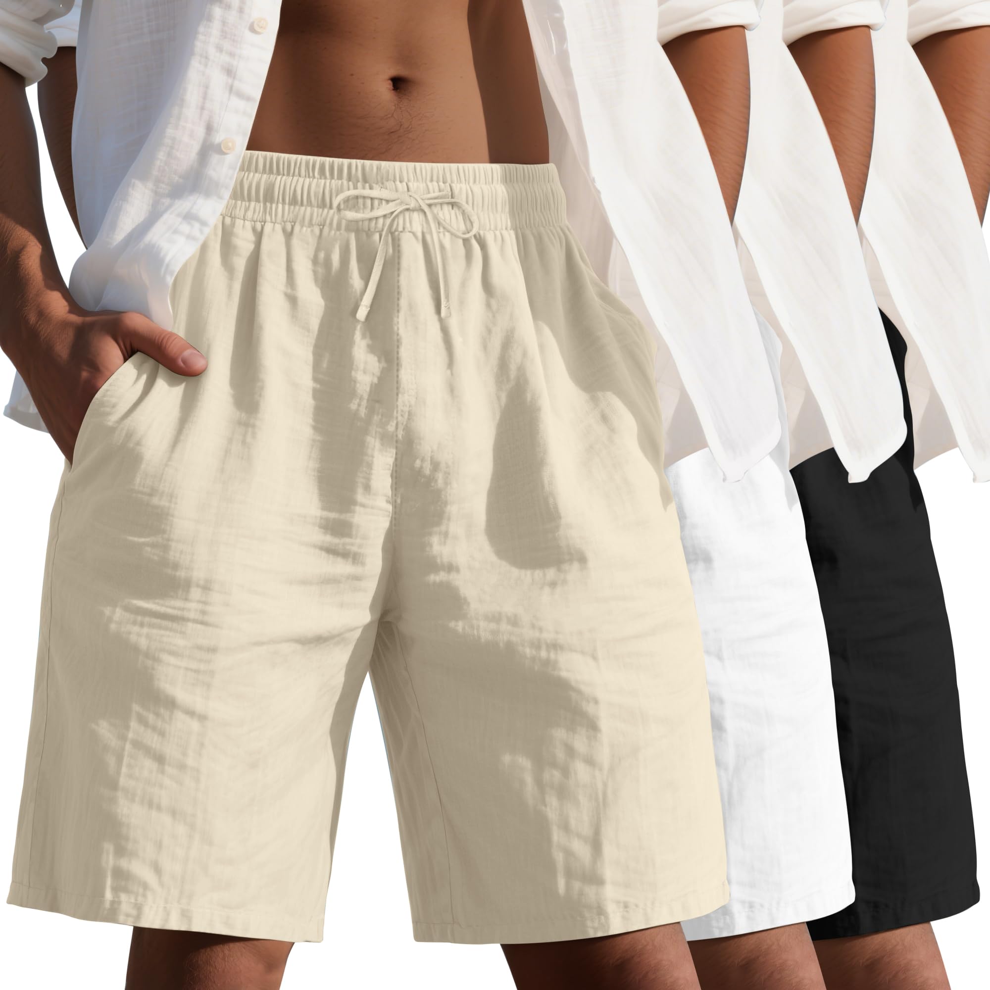 Photo 1 of *** ONLY 2 WHITE***   Evervibe 3 Pack Men's Cotton Linen 9" Inseam Shorts Drawstring Elastic Waist Beach Casual Summer Bermuda with Pockets(Black, White, Apricot,Medium)