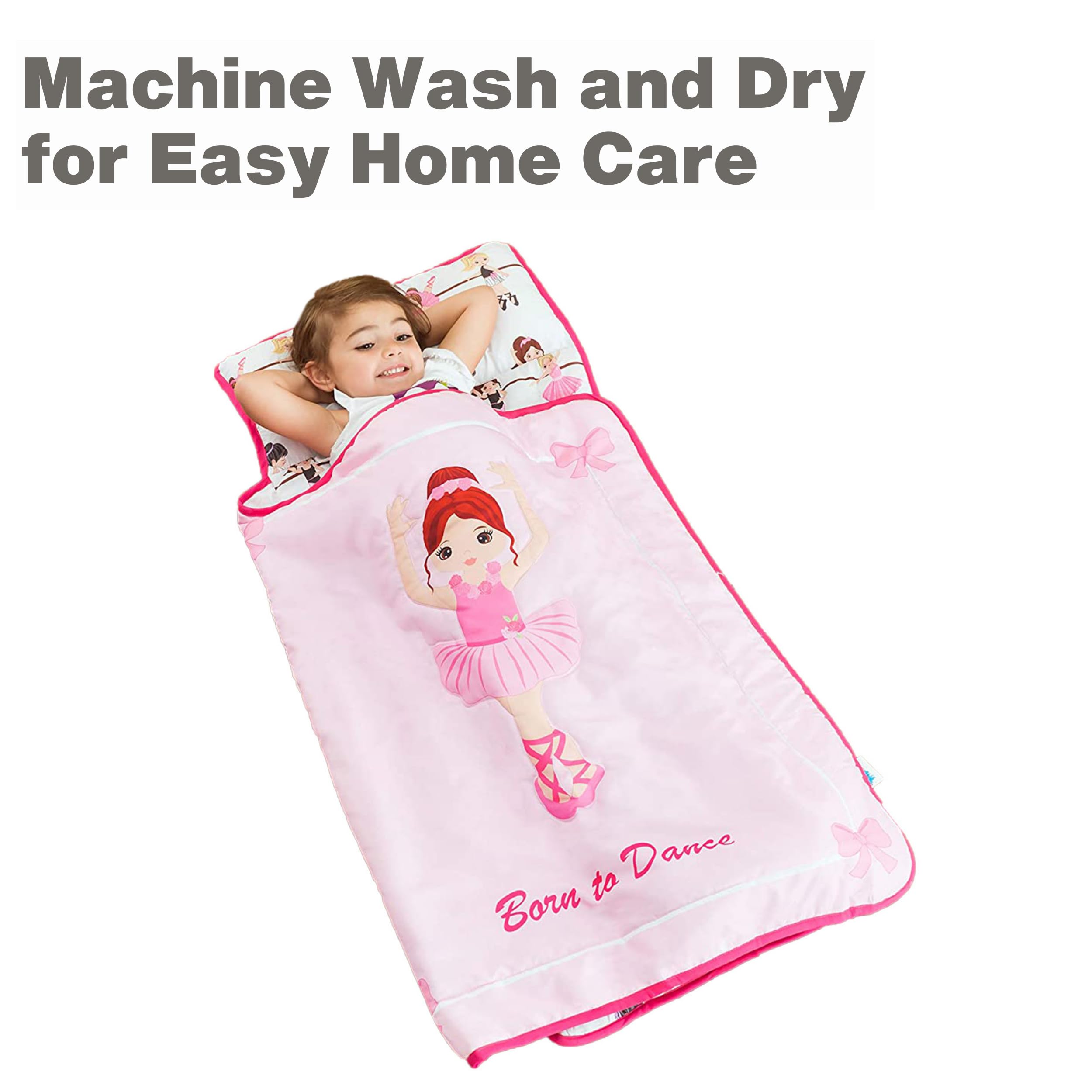 EVERYDAY KIDS Toddler Nap Mat with Removable Pillow -Born to Dance Ballerina- Carry Handle with Straps Closure, Rollup Design, Soft Microfiber for Preschool, Daycare, Sleeping Bag - Ages 2-6 Years