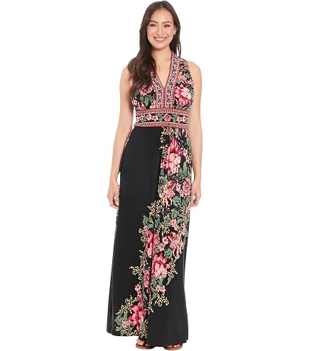 women's london times floral print sleeveless v-neck flowy maxi dress Dresses for Women cascading ruffles and a