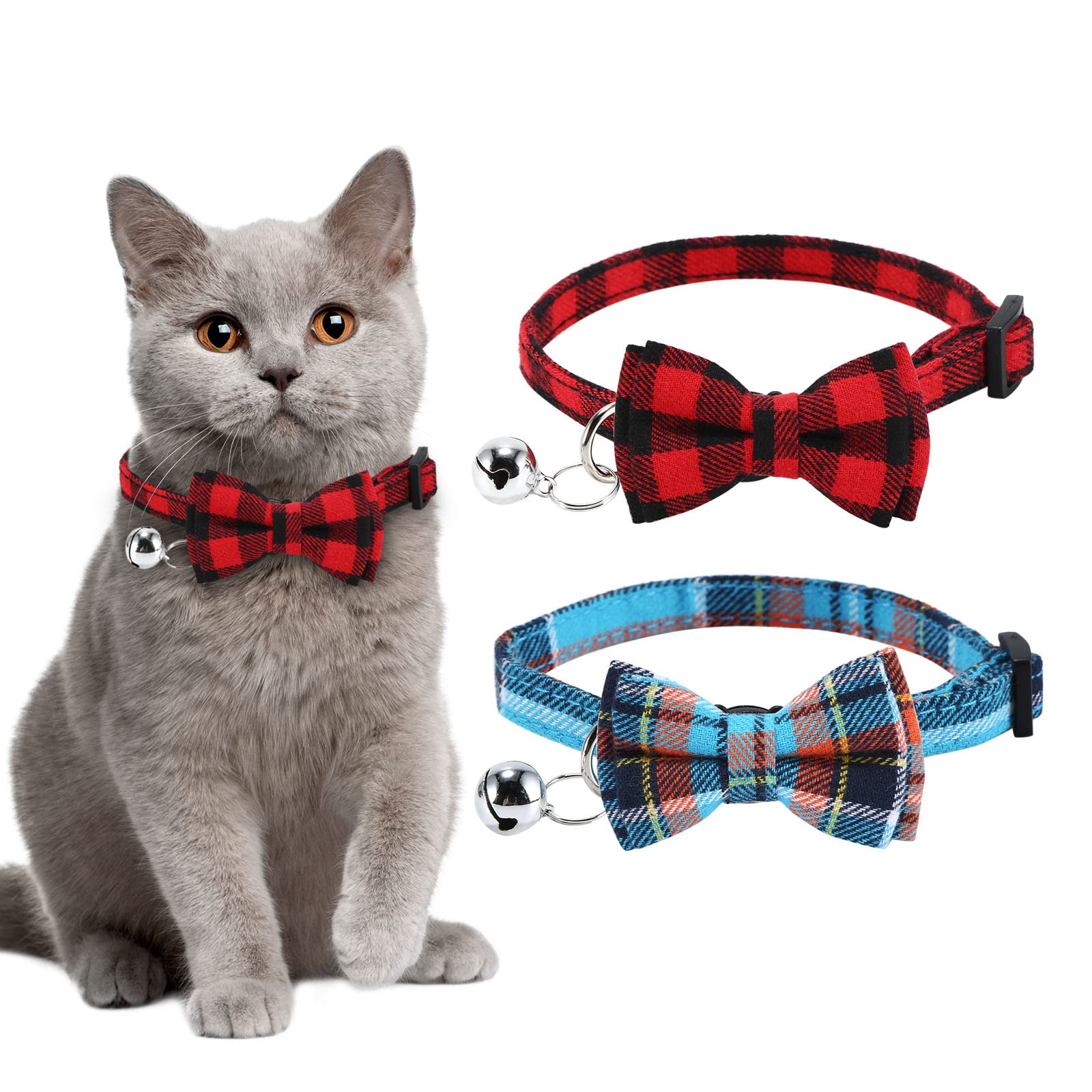 Cat Collar with Bell and Bow Tie, Quick Release Safety Collars for Kitten and Cats, Soft Cat Collar (S:18-28 cm (Pack of 2), Red + Blue color)