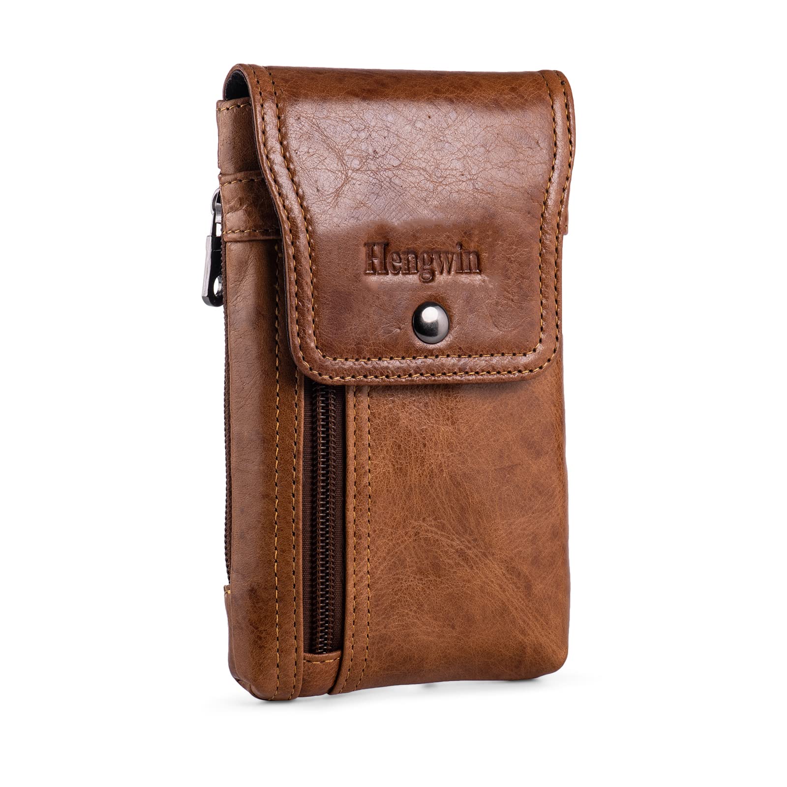 Hengwin Men’s Mobile Phone Pouch, Belt Phone Holster with Clip for iPhone 15 Pro, 15, 14 13 12 11 Pro Phone Case Genuine Leather Pocket, Smartphone Belt Card Holder